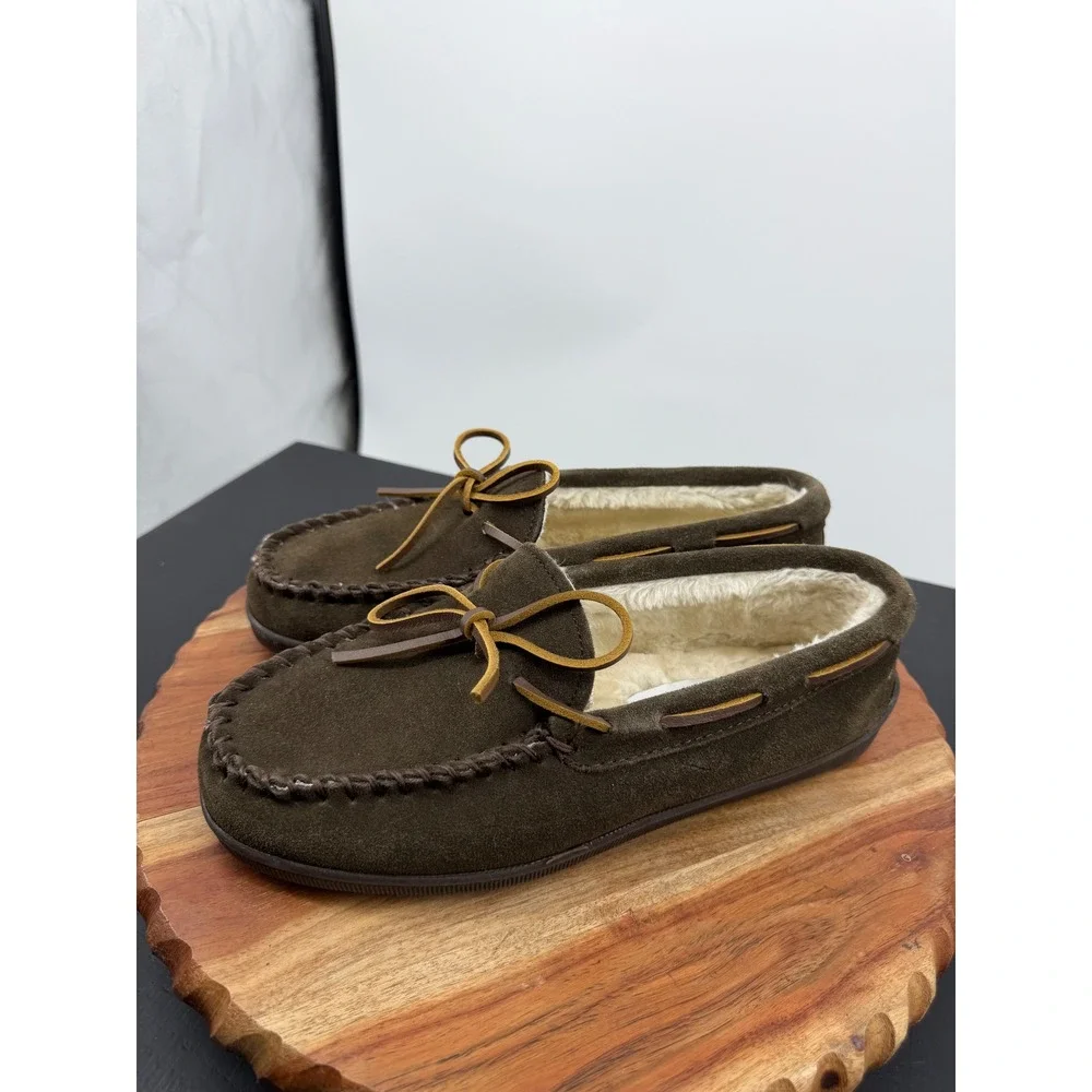 Minnetonka piled lined Suede Moccasin Slippers Mens 7.5 brown Faux Fur Lined